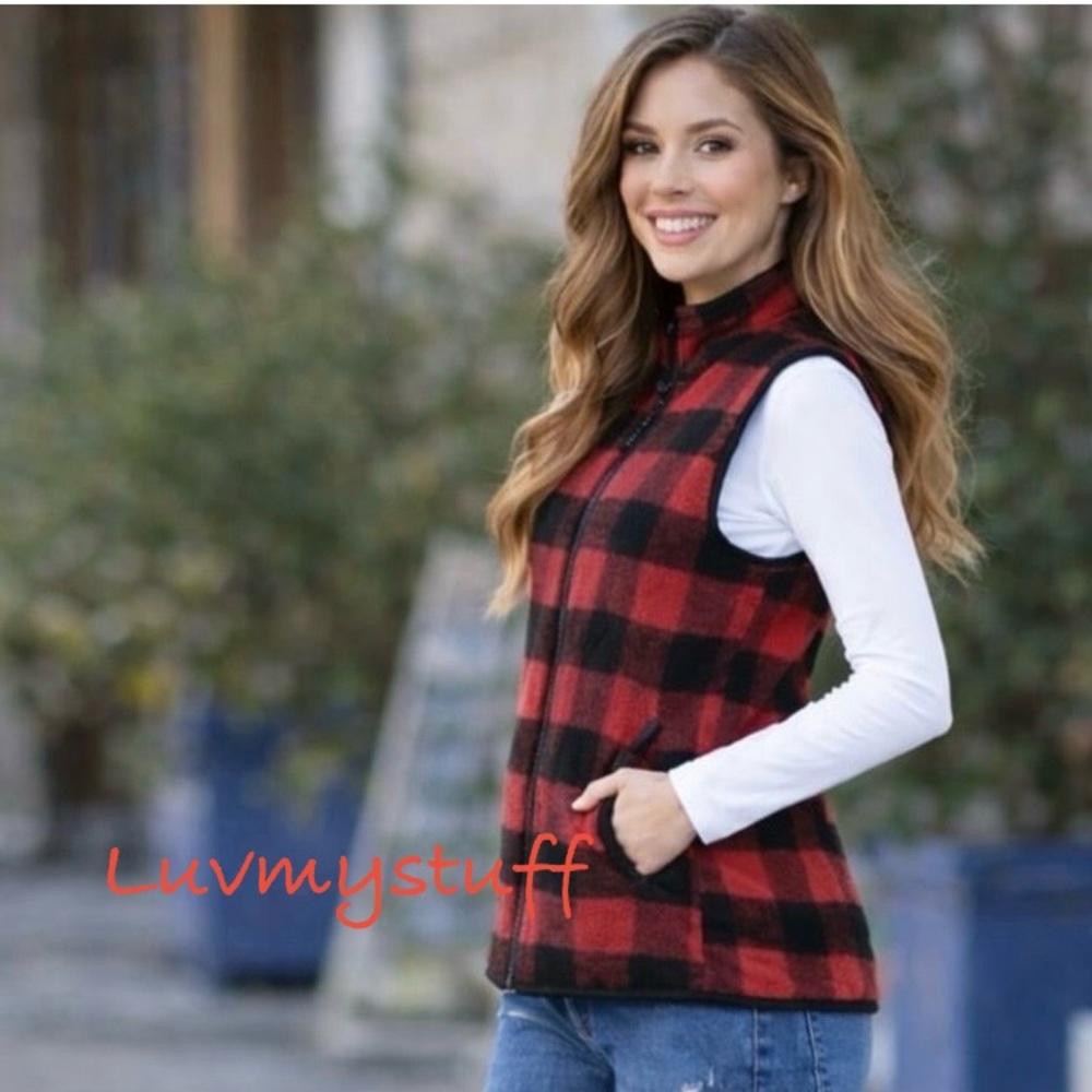 Cute Red and Black Plaid Faux Leather Trim & Faux Fur-Lined Vest
